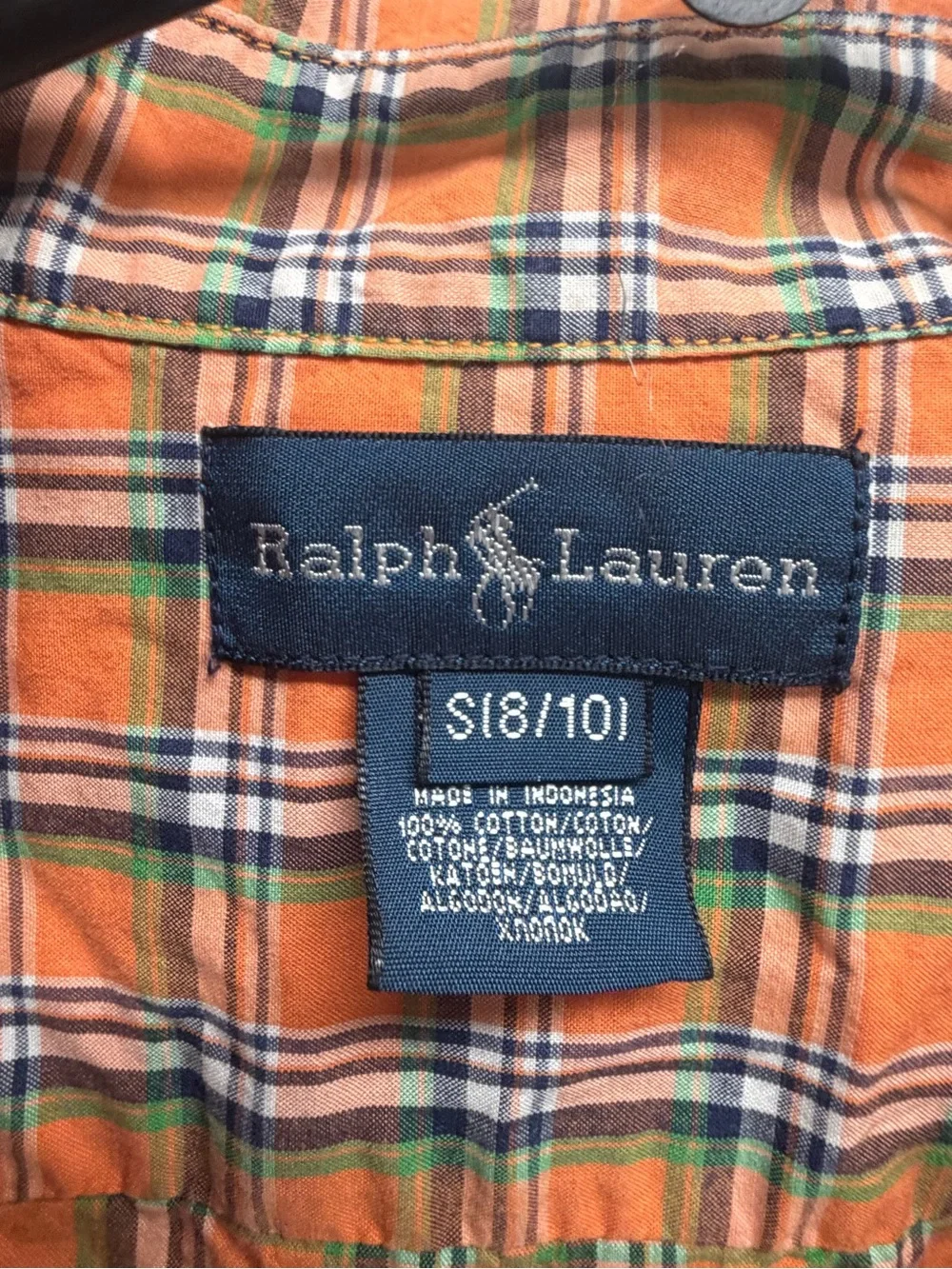 Ralph Lauren Orange Green Plaid Button-Down Kids Shirt 100% Cotton
